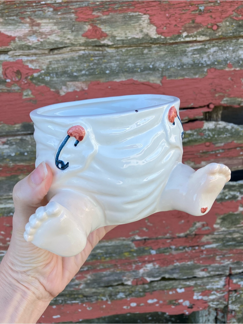 Vintage 1960's Enesco Ceramic Baby Diaper Planter w/ Feet -White w/ Pink Accents